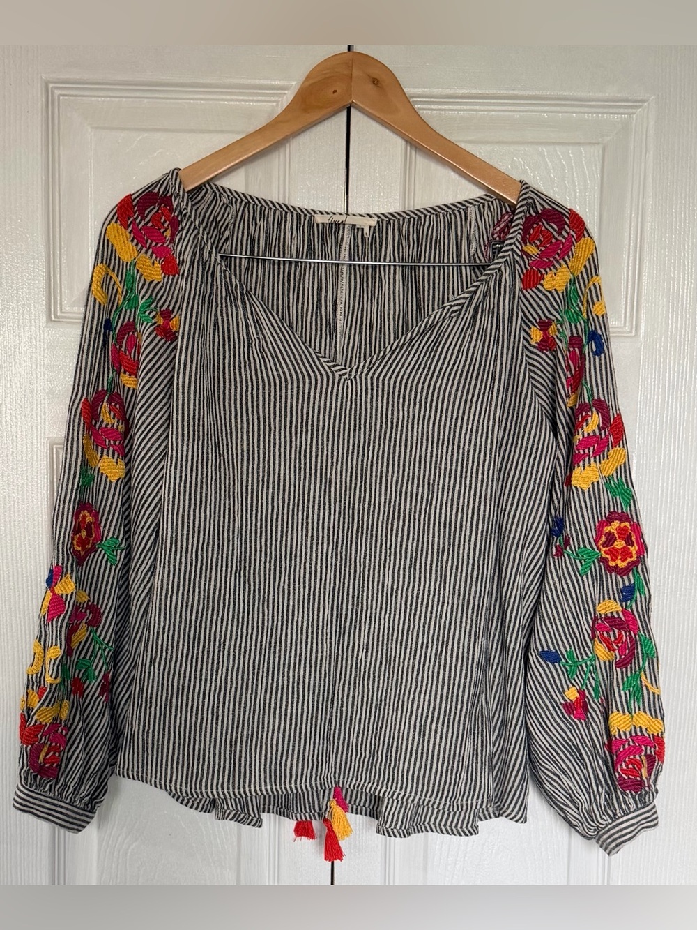 Anthropologie Black and White Striped Blouse with Multicolor Floral Embroidery